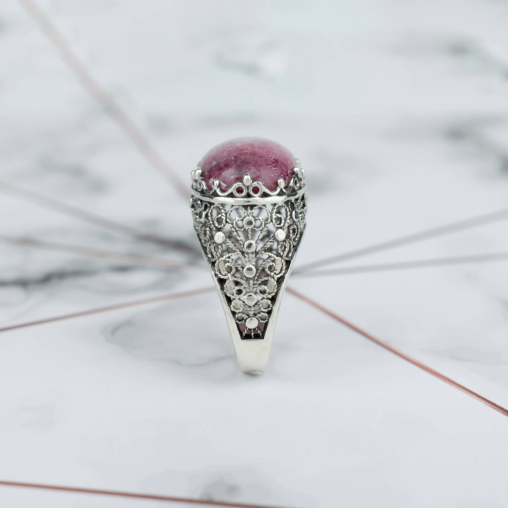 Art Rhodonite Gemstone Woman Sterling Silver Dome Ring: Rhodonite / 7