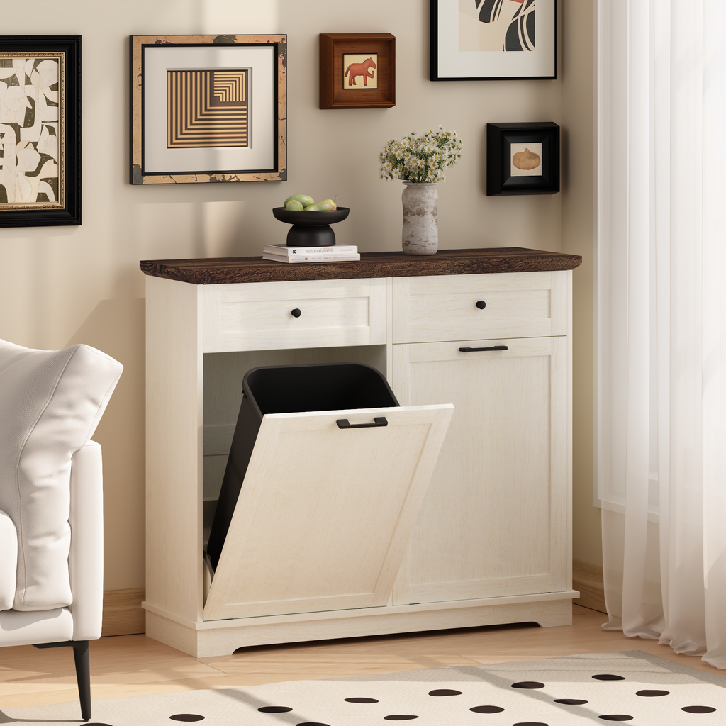 20 Gallon Double Tilt Out Trash Can Cabinet Freestanding Trash Bin Cabinet Wood Garbage Recycling Cabinet with Hideaway Drawer Pet Proof Trash Can Holder for Kitchen Living Room, Antique White: Default