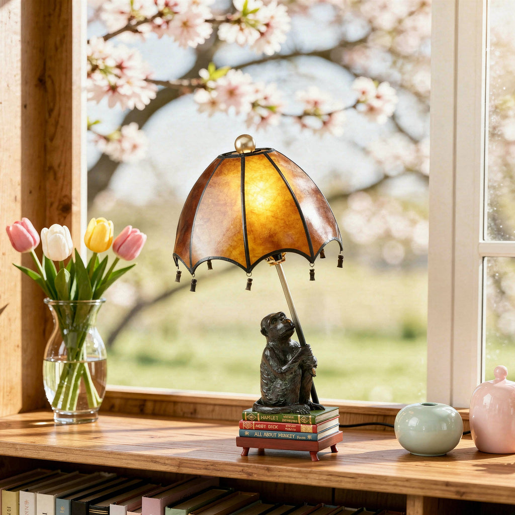 21.75" Whimsical Intellectual Monkey Amber Mica Table Lamp