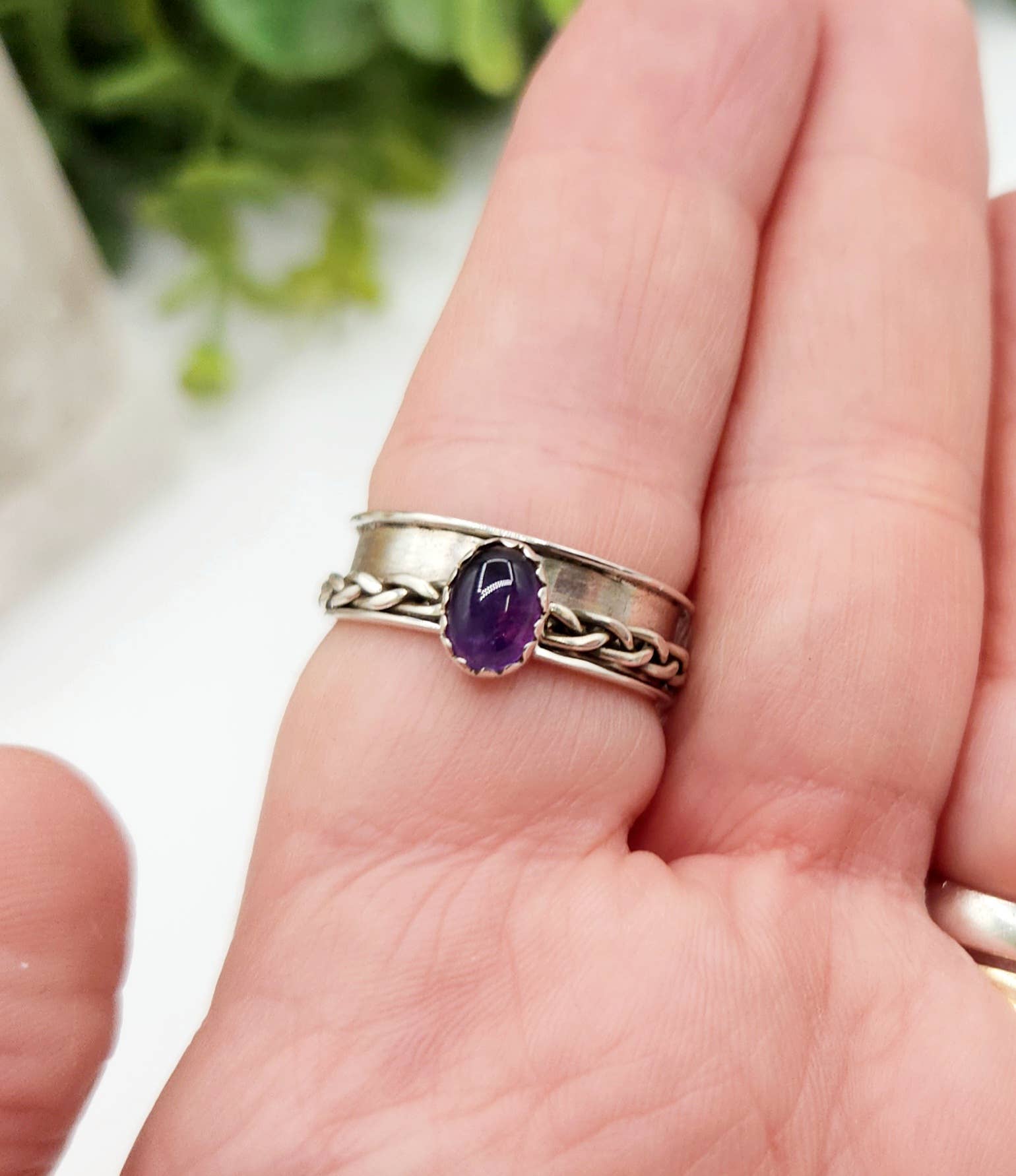 Amethyst SPINNER RING-Sterling Silver/925- Gemstone w/Braid: 7