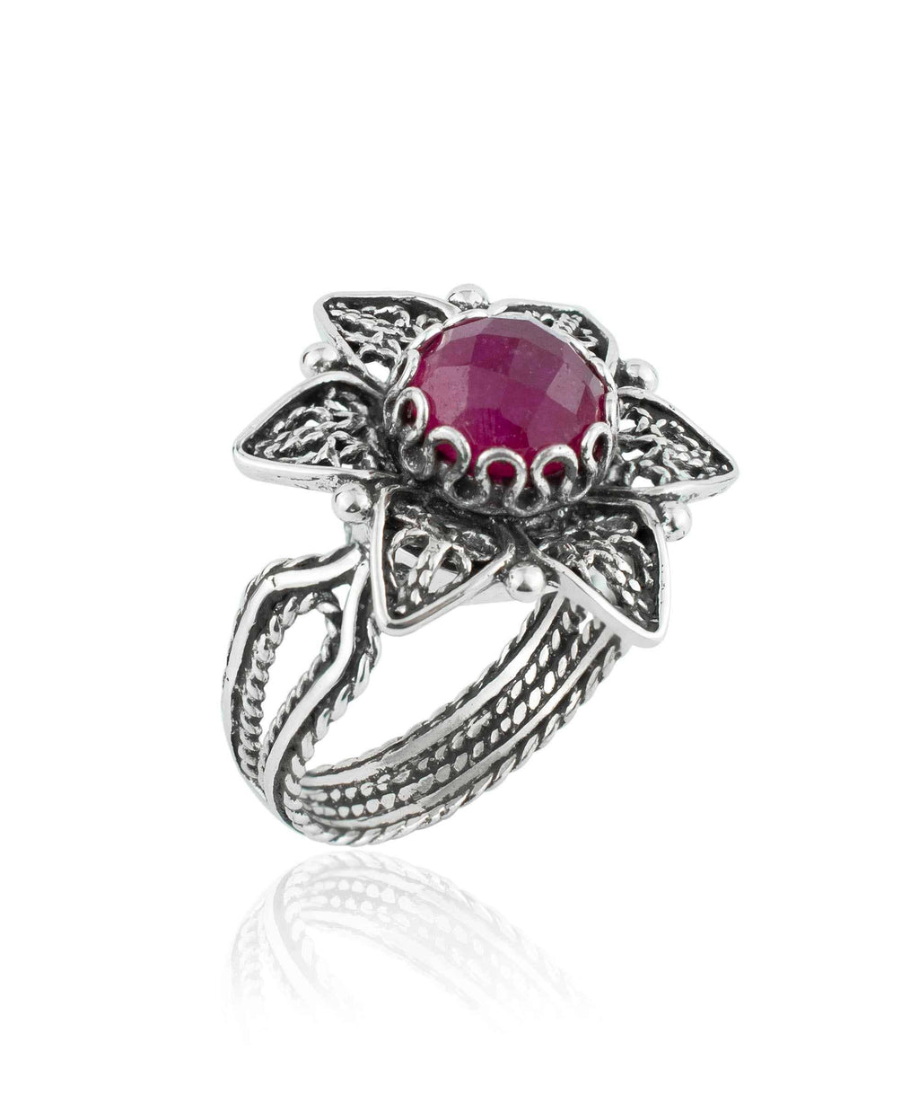 Art Ruby Corundum Gemstone Women Daisy Silver Ring: 7