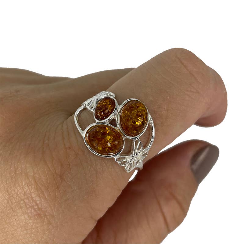 Butterfly Design Cognac Amber Sterling Silver Ring: 10