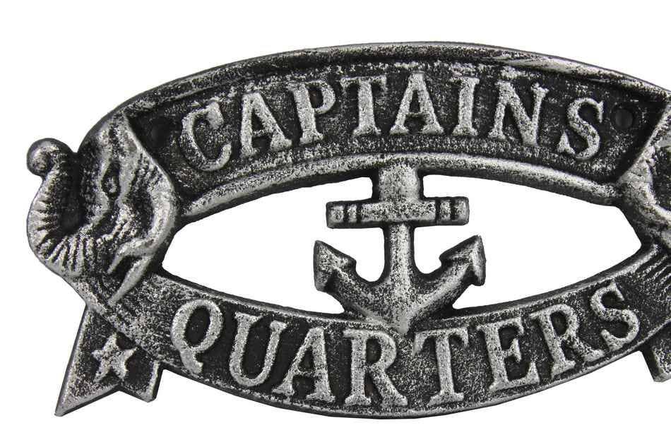 Antique Silver Cast Iron Captains Quarters Sign 8"