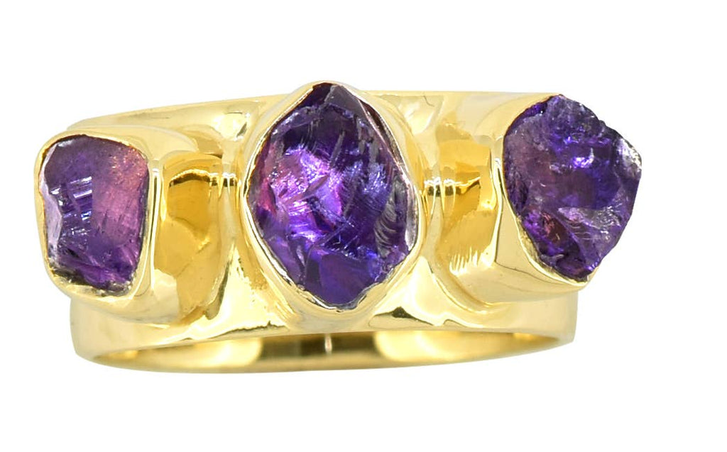 Raw Amethyst 925 Sterling Silver Wide Band Three Stone Ring: 9