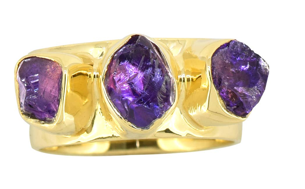 Raw Amethyst 925 Sterling Silver Wide Band Three Stone Ring: 9