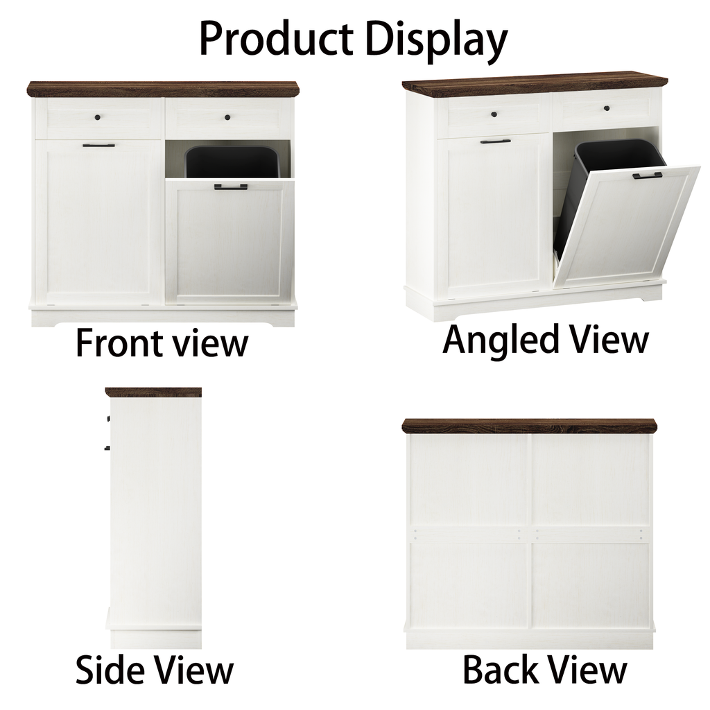 20 Gallon Double Tilt Out Trash Can Cabinet Freestanding Trash Bin Cabinet Wood Garbage Recycling Cabinet with Hideaway Drawer Pet Proof Trash Can Holder for Kitchen Living Room, Antique White: Default