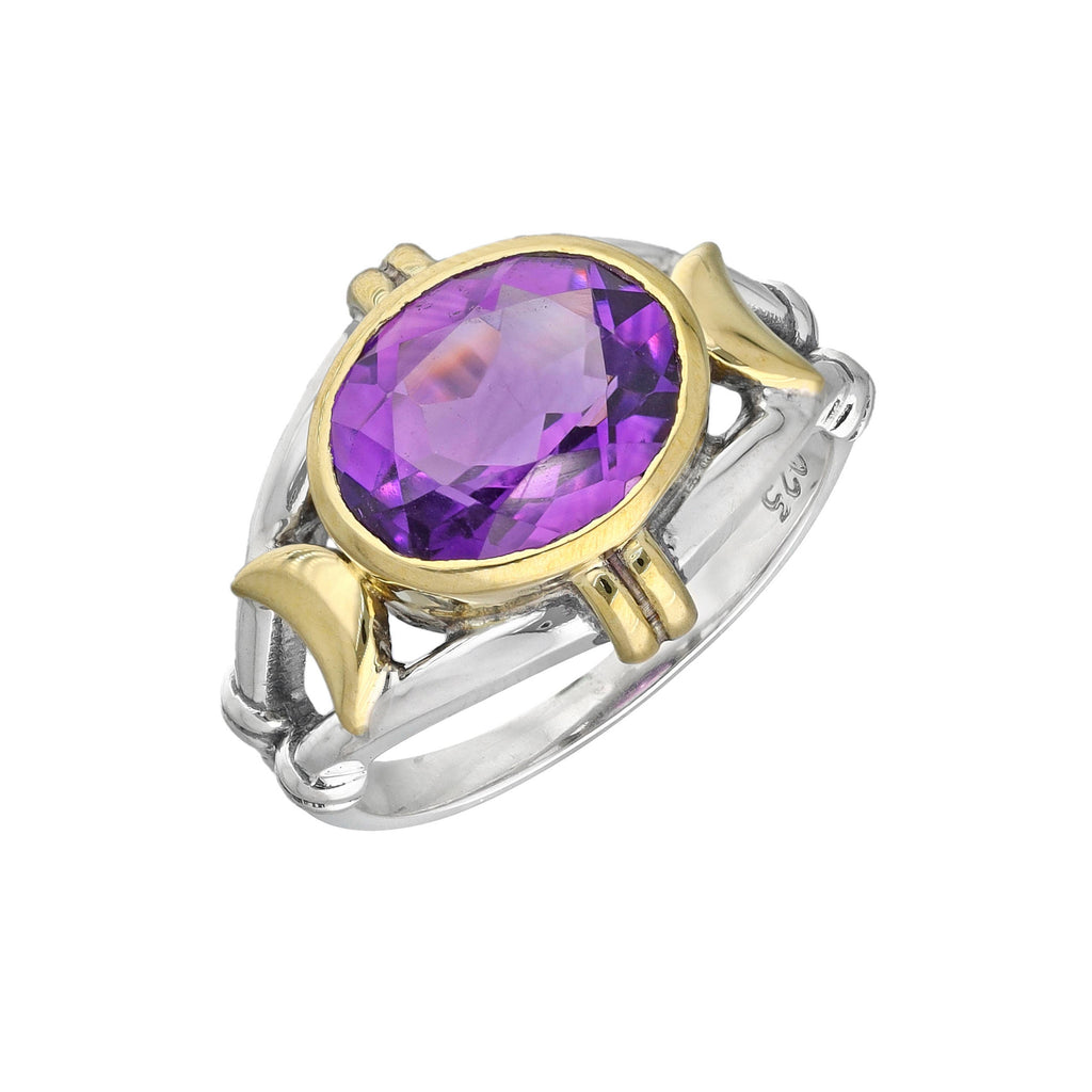 Two-Tone Oval Amethyst 925 Sterling Silver Solitaire Ring: 9