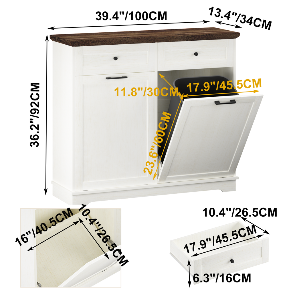 20 Gallon Double Tilt Out Trash Can Cabinet Freestanding Trash Bin Cabinet Wood Garbage Recycling Cabinet with Hideaway Drawer Pet Proof Trash Can Holder for Kitchen Living Room, Antique White: Default