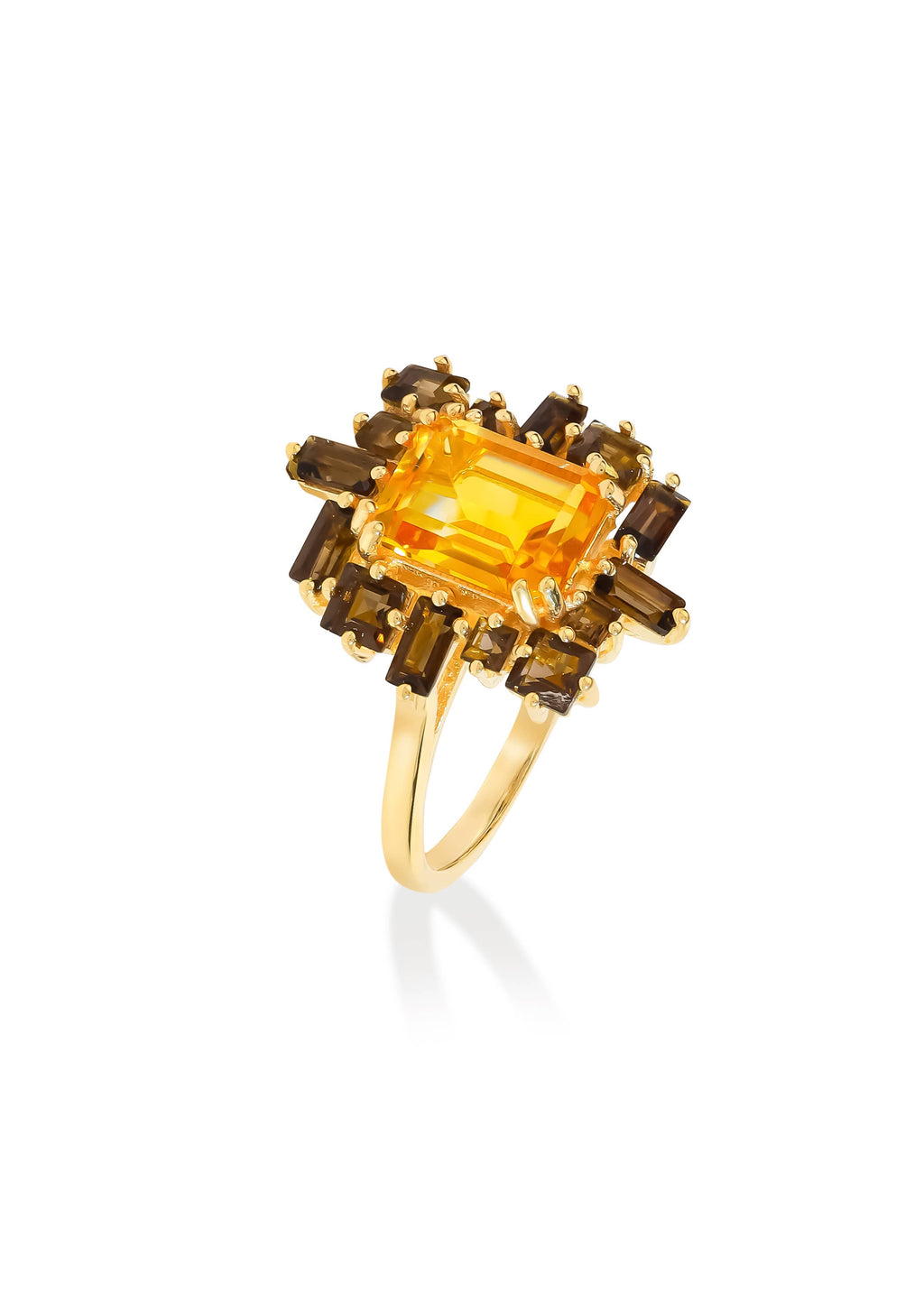 Gold Plated Silver Citrine & Smoky Quartz Halo Ring: 7