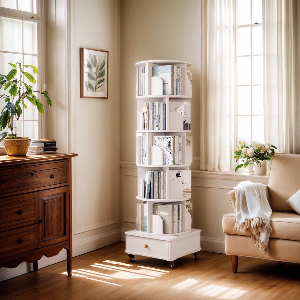 Rotating Wooden Bookcase with Storage Drawer,Swivel Design: White / 5-Tier