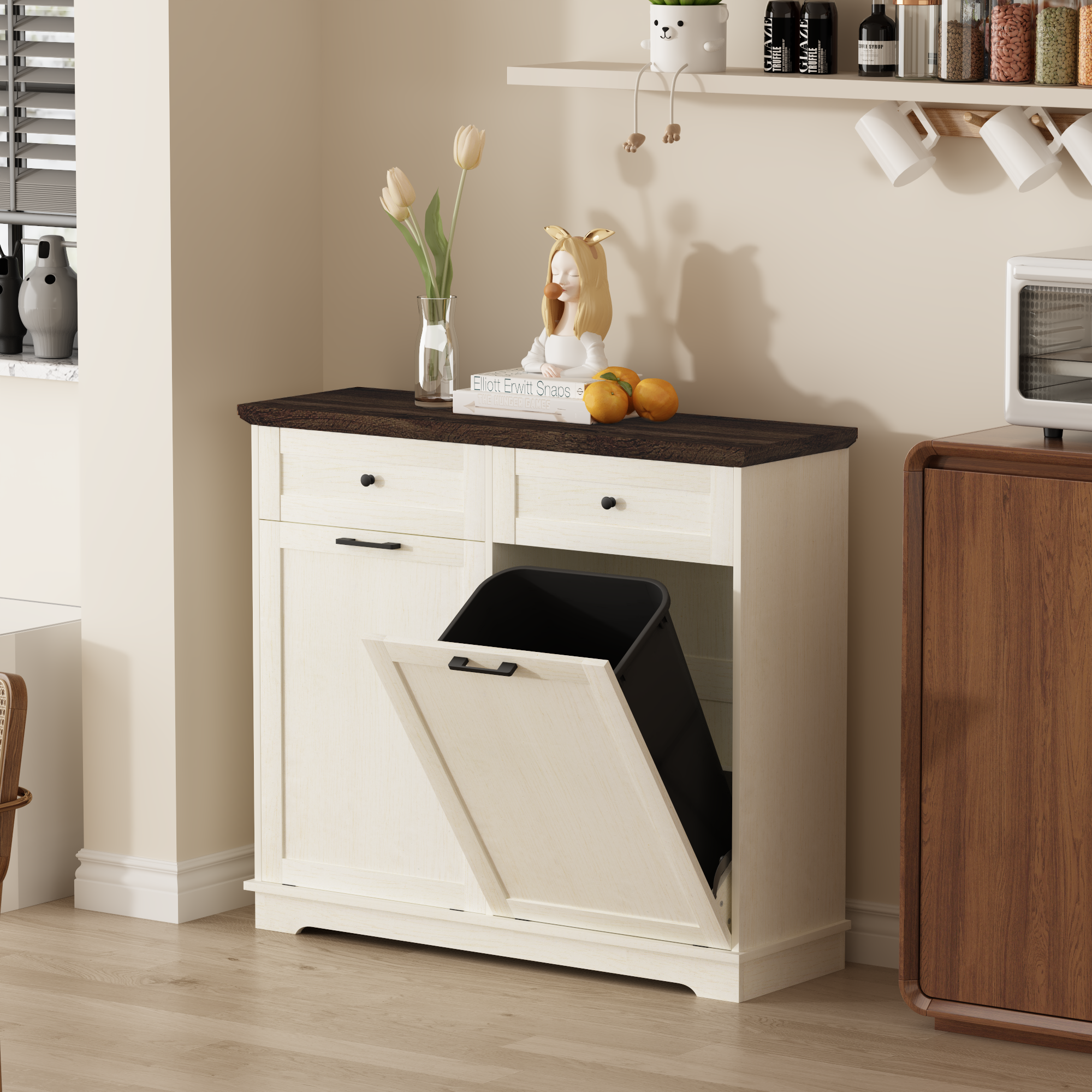 20 Gallon Double Tilt Out Trash Can Cabinet Freestanding Trash Bin Cabinet Wood Garbage Recycling Cabinet with Hideaway Drawer Pet Proof Trash Can Holder for Kitchen Living Room, Antique White: Default