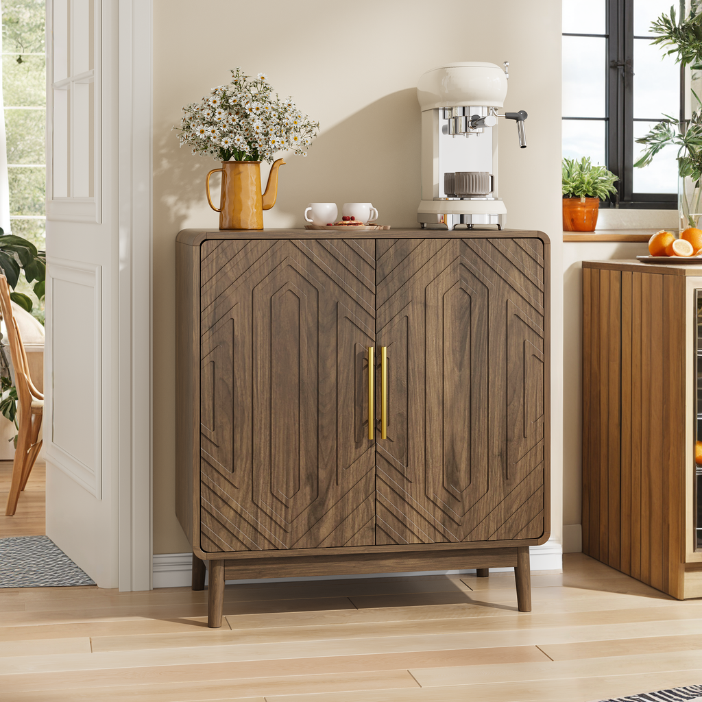 Retro Industrial Walnut Sideboard Buffet -2 Carved Doors: Default
