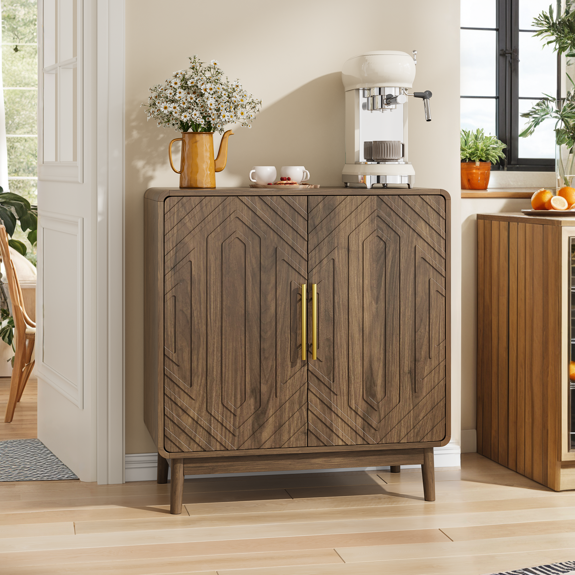Retro Industrial Walnut Sideboard Buffet -2 Carved Doors: Default