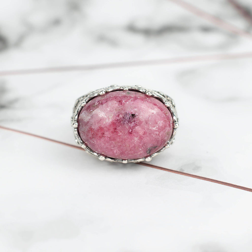 Art Rhodonite Gemstone Woman Sterling Silver Dome Ring: Rhodonite / 7