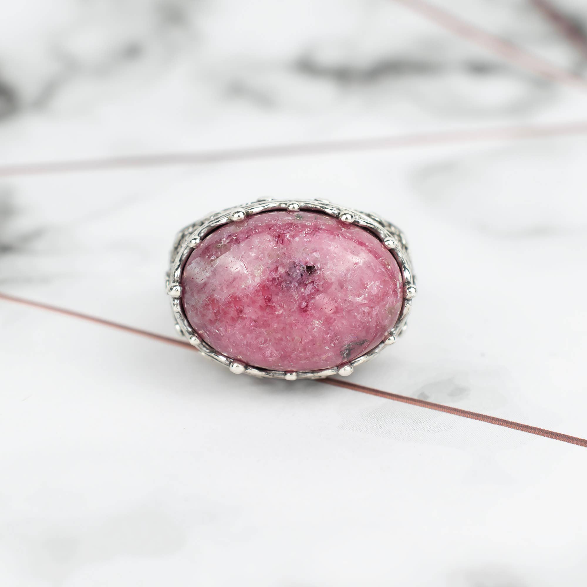 Art Rhodonite Gemstone Woman Sterling Silver Dome Ring: Rhodonite / 7