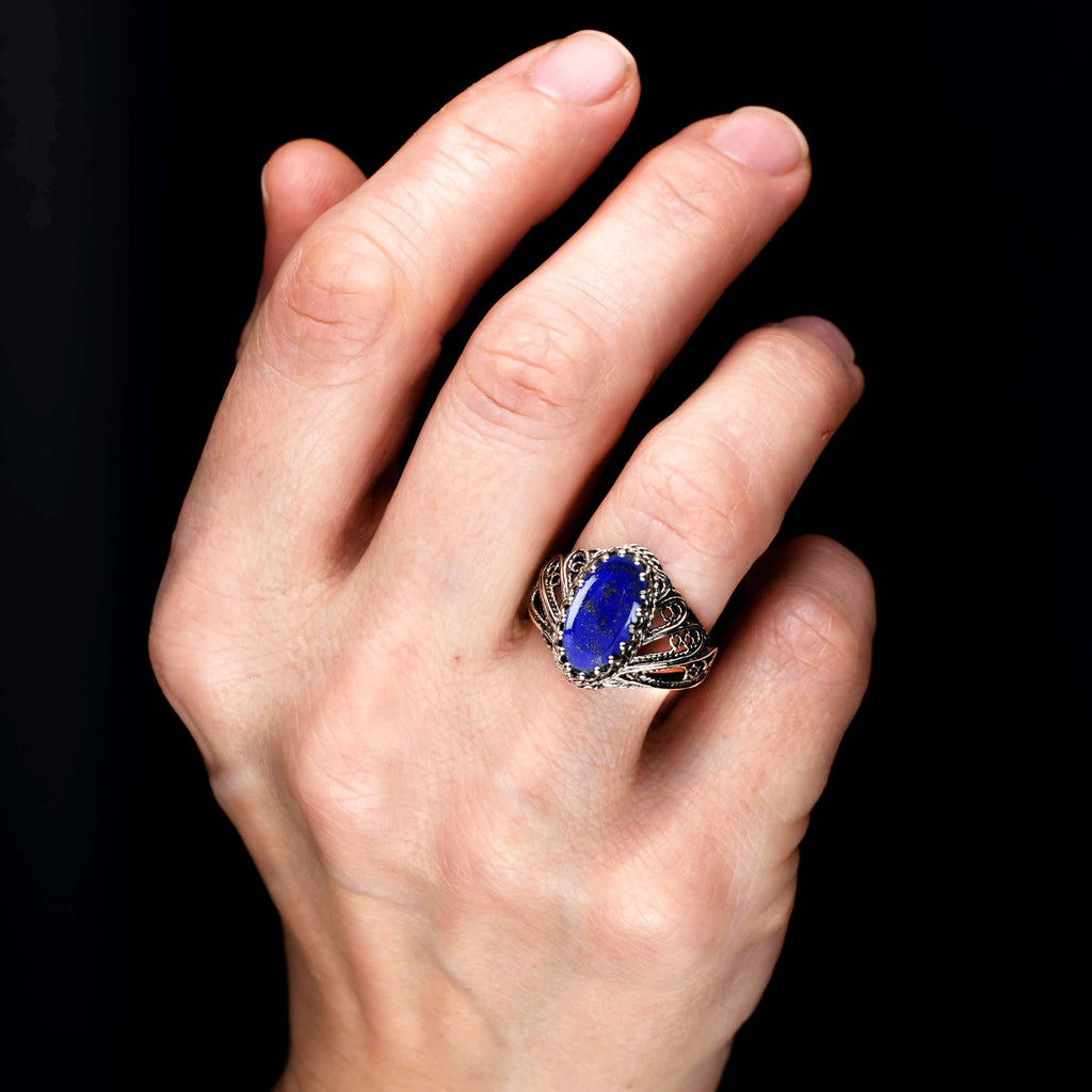Art Lapis Lazuli Gemstone Angel Wings Women Silver Ring: 7