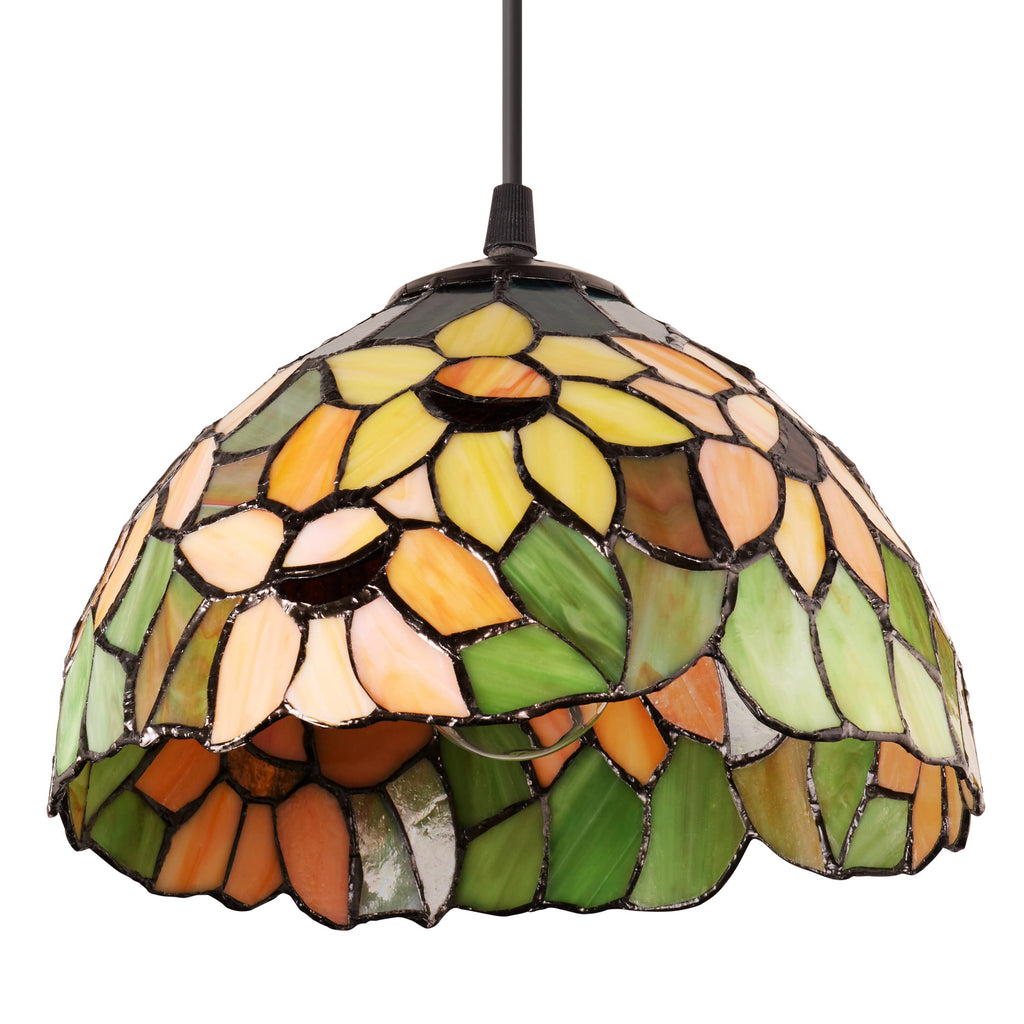 10"W Yellow Sunflowers Stained Glass Dome Shade Pendant