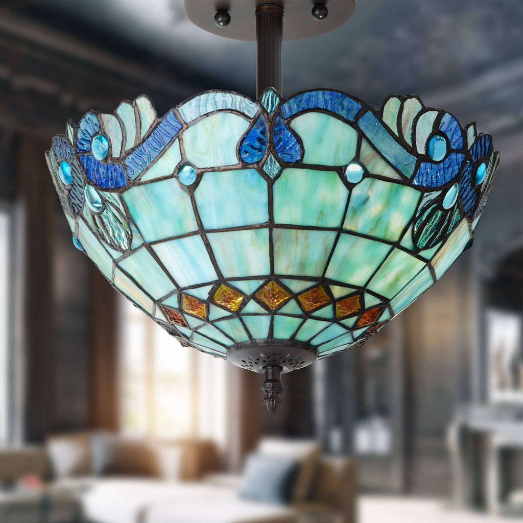 13"H Amelia Blue and Amber Stained Glass Shade Ceiling Light