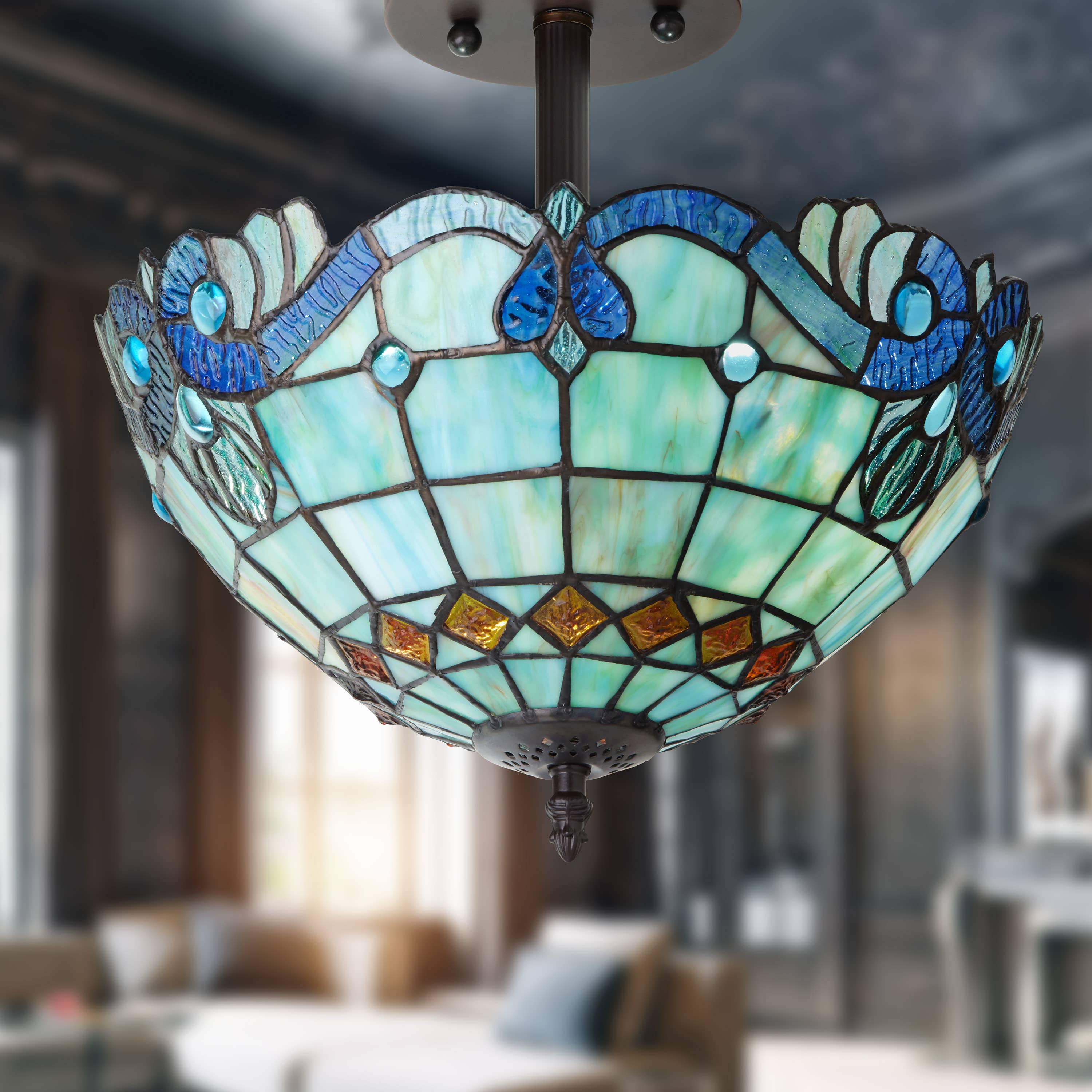 13"H Amelia Blue and Amber Stained Glass Shade Ceiling Light