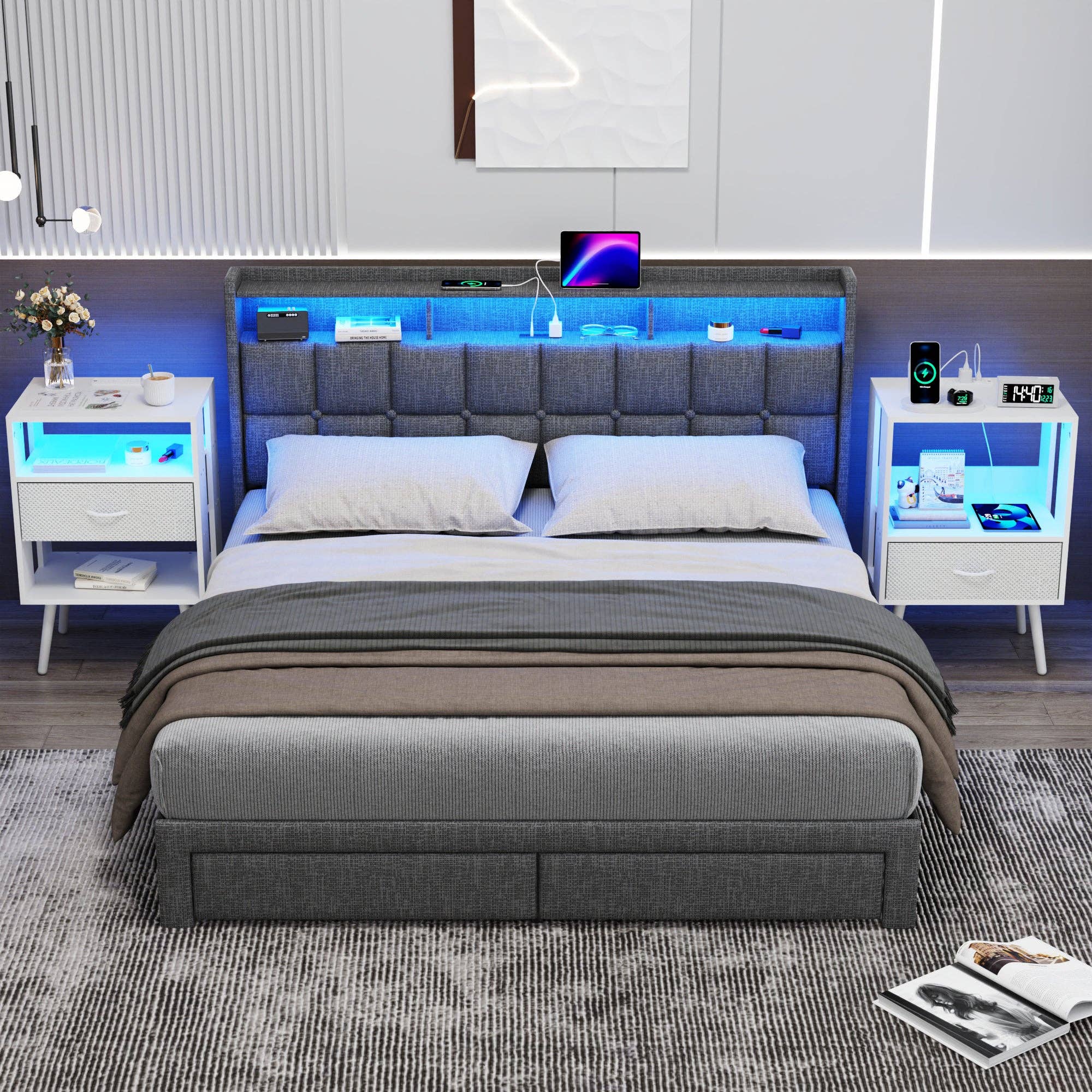 2-Pack Modern Nightstand with Charging Station, White: Default