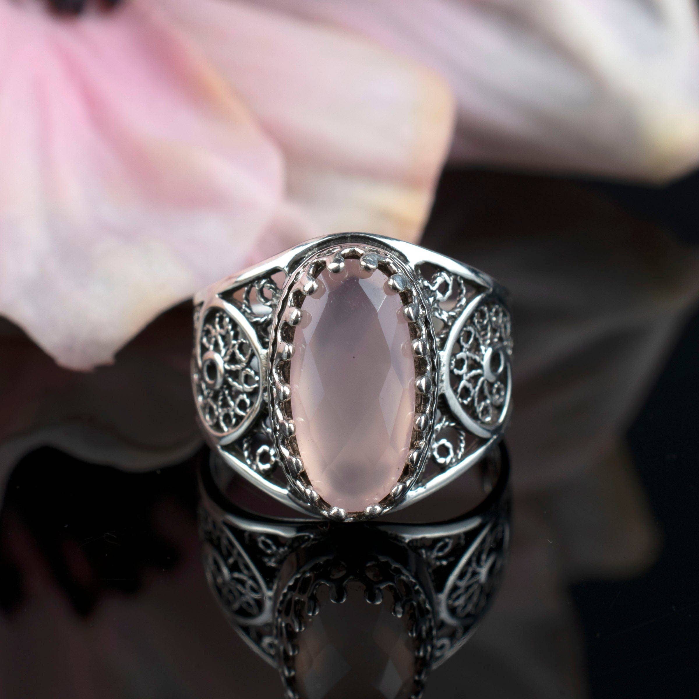 Art Pink Chalcedony Gemstone Women Silver Ring: Pink Chalcedony / 7