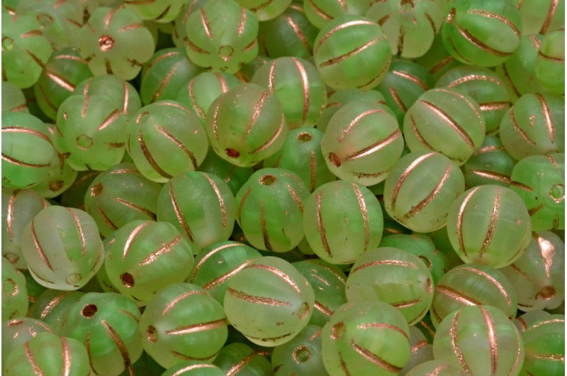 Melon Beads, Opaque Green Matte Copper Lined (56018-84100-54307), Glass, Czech Republic