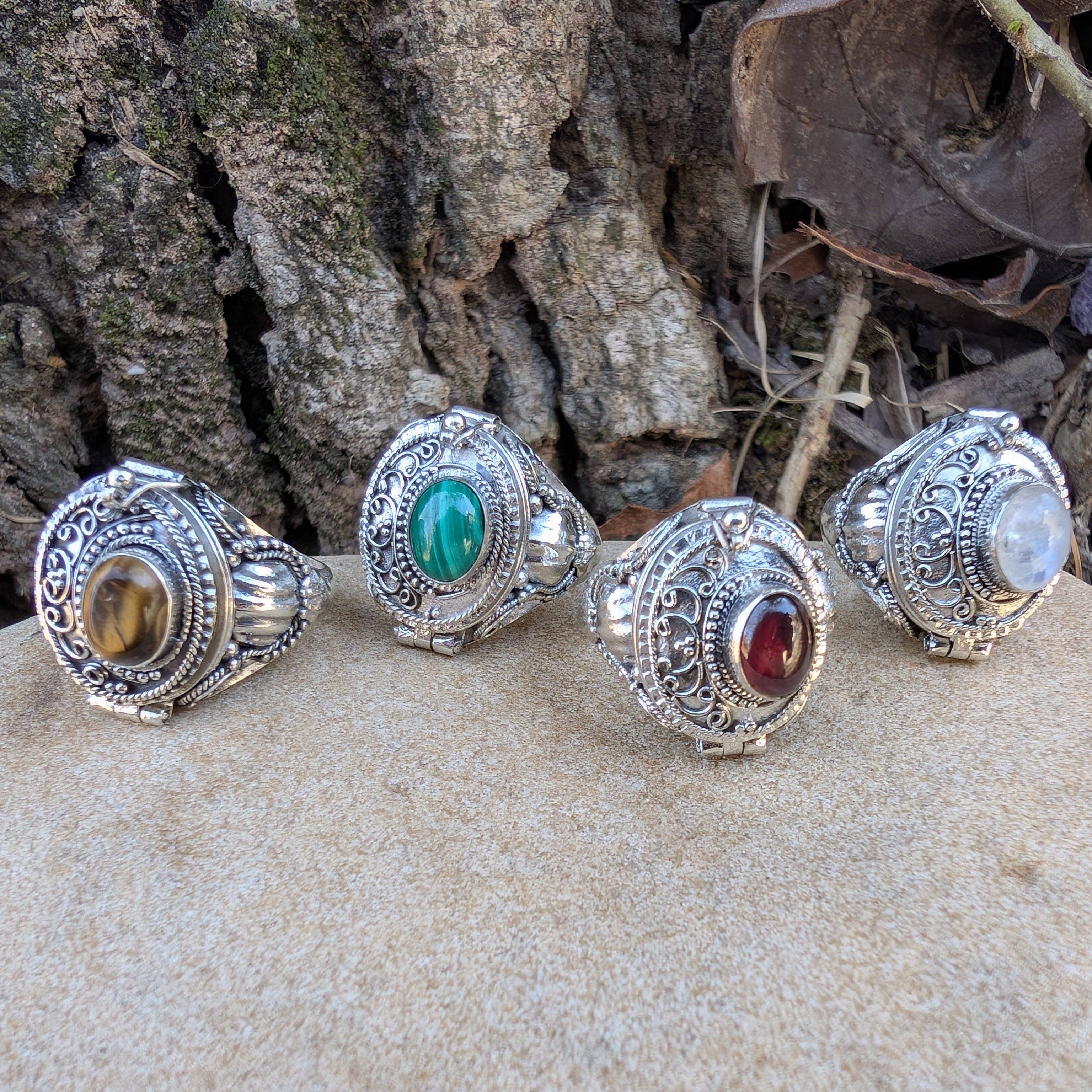 Medieval Eye - Gemstone Poison Box Locket Ring in Sterling Silver: Tiger Eye / 7
