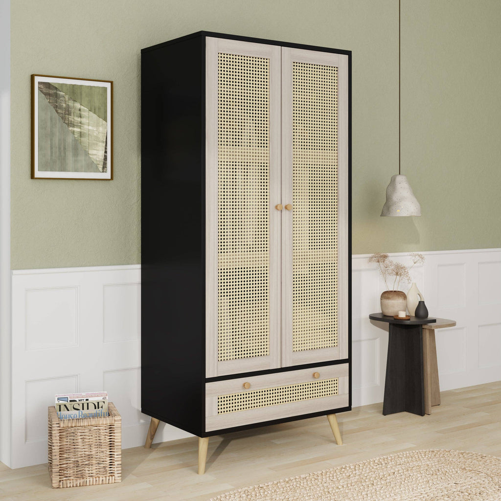 71inH Boho Rattan Armoire Wardrobe with Drawer Natural Black: Default