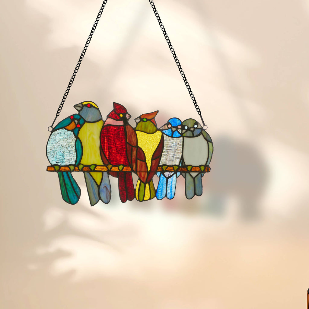 15" Birds in Love Stained Glass Window Panel