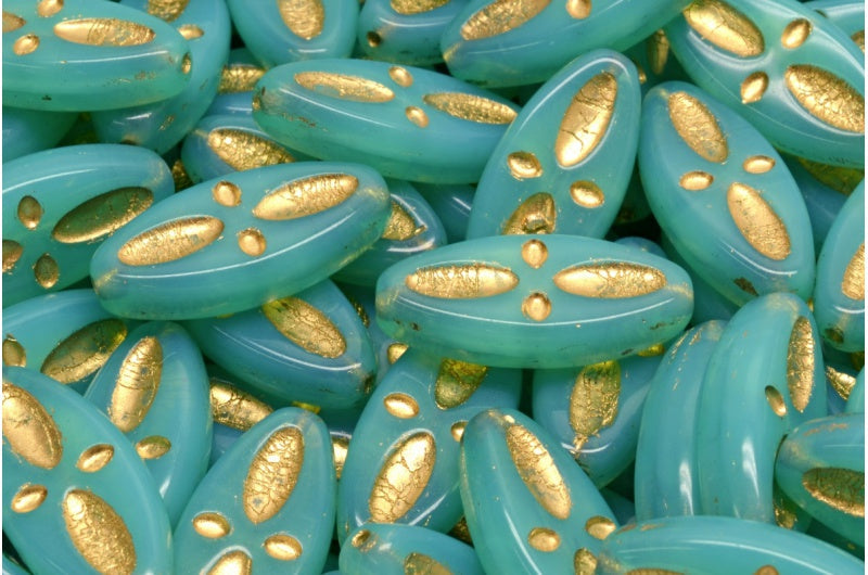 OUTLET 10 grams Ship Eye Oval Beads, 20 x 9 mm, Opal Aqua Gold Lined (61100-54302), Glass, Czech Republic