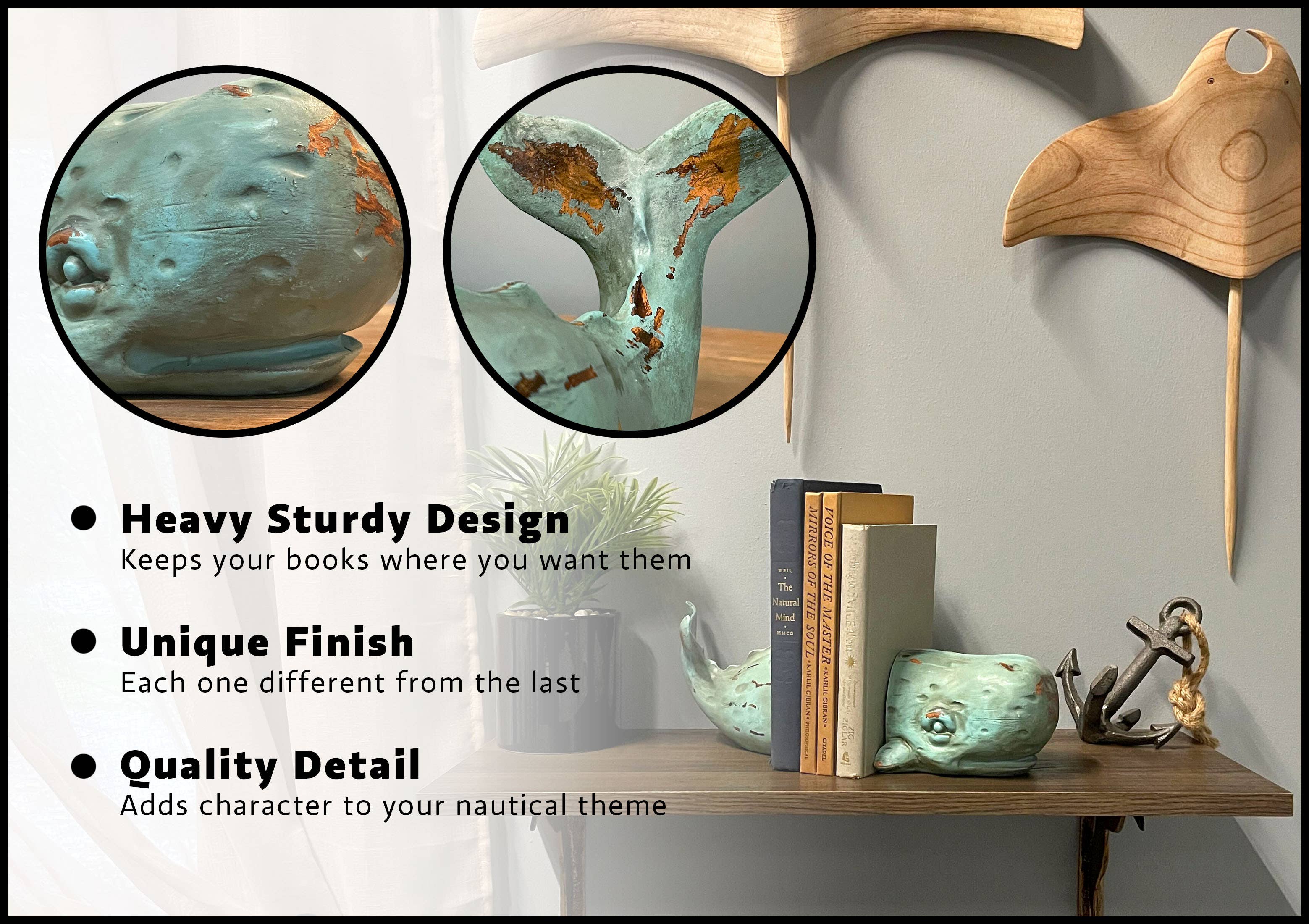 Resin Verdigris Whale Bookends Bookshelf Décor