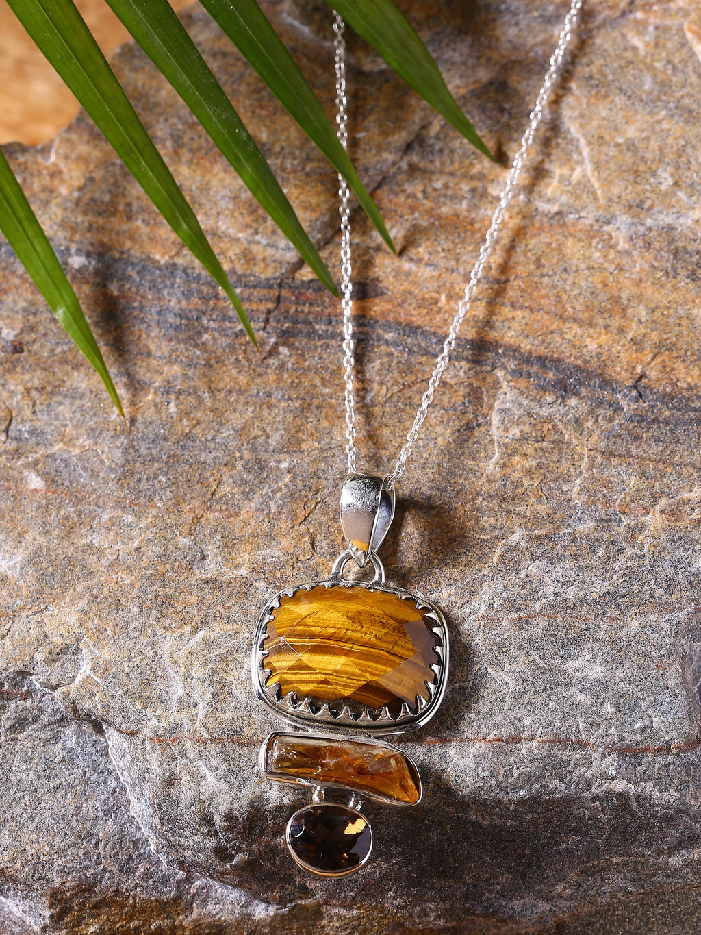 925 Sterling Silver Tiger Eye Rough Citrine Gemstone Pendant