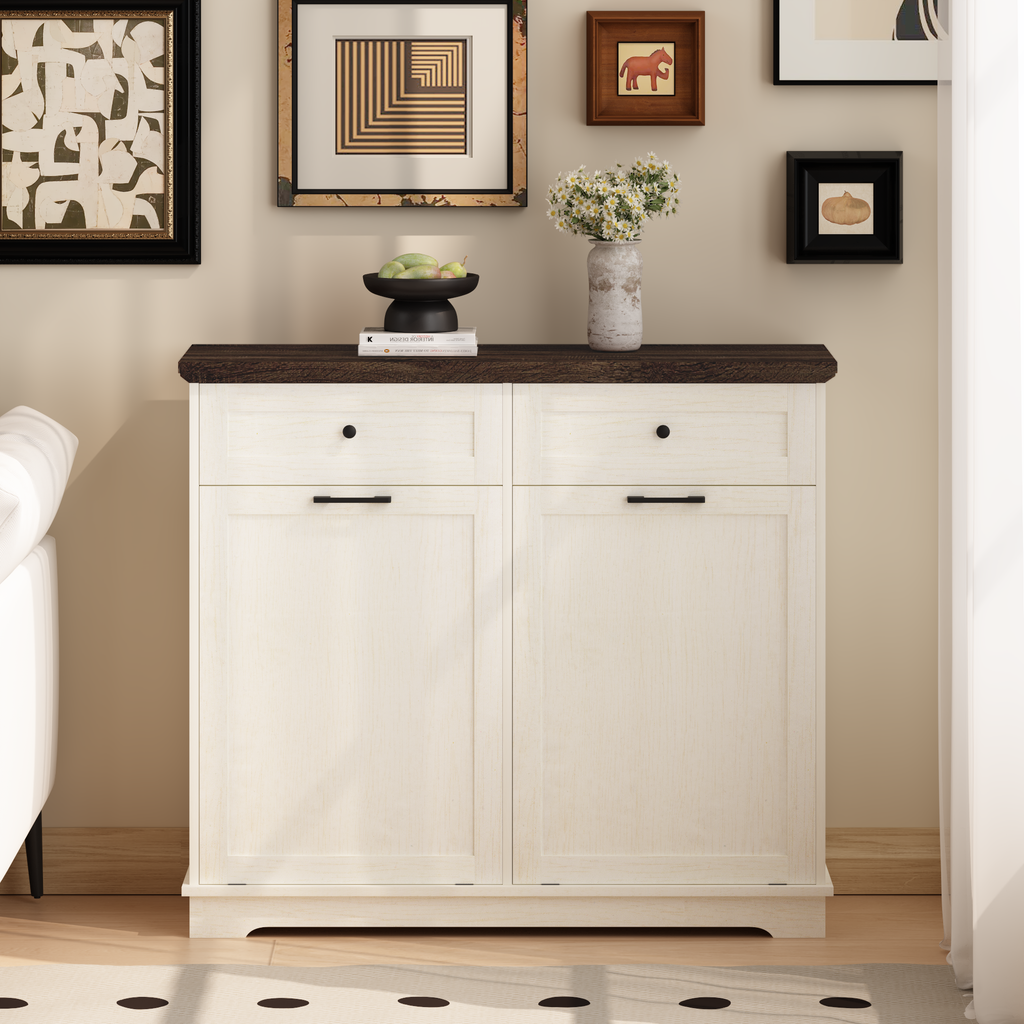 20 Gallon Double Tilt Out Trash Can Cabinet Freestanding Trash Bin Cabinet Wood Garbage Recycling Cabinet with Hideaway Drawer Pet Proof Trash Can Holder for Kitchen Living Room, Antique White: Default