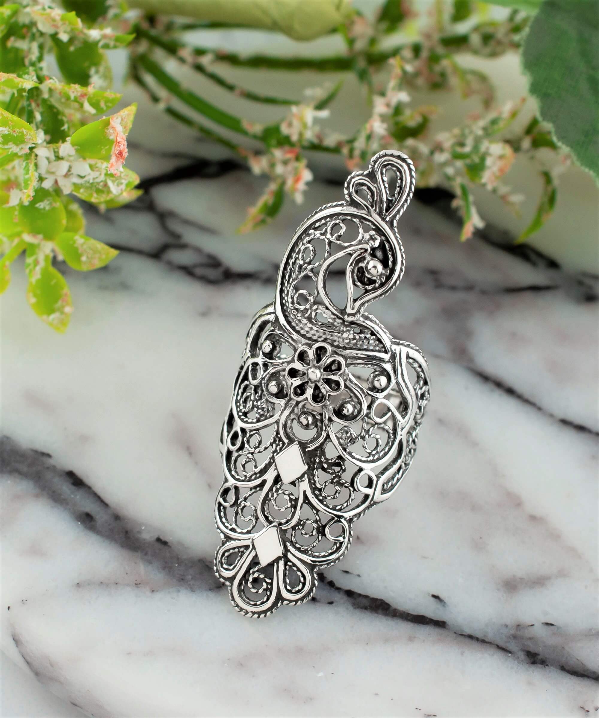 Art Peacock Figured Silver Women Statement Ring: No Gemstone / 7