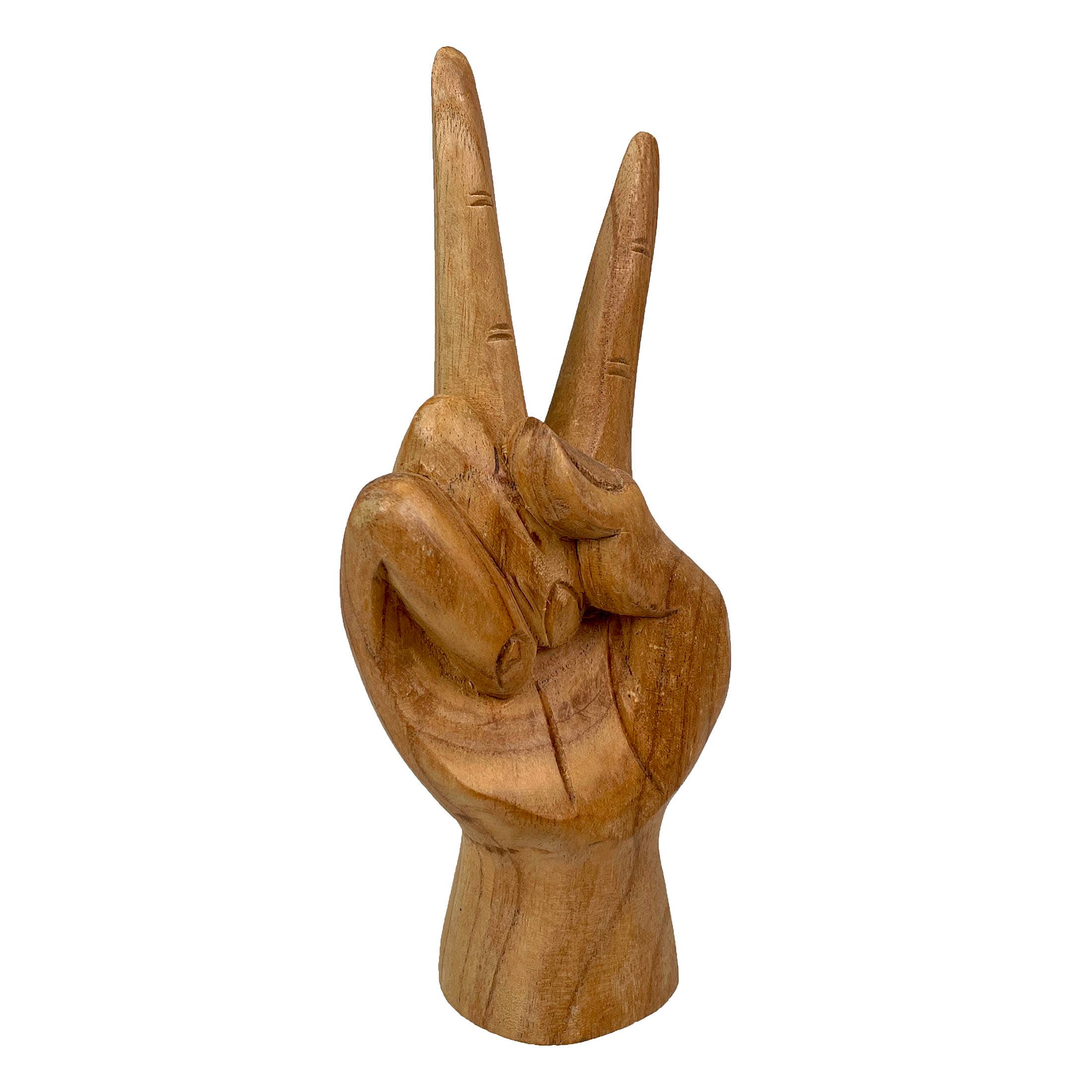 Carved Wood Peace Sign Hand Gesture Statue 7.75 Inch