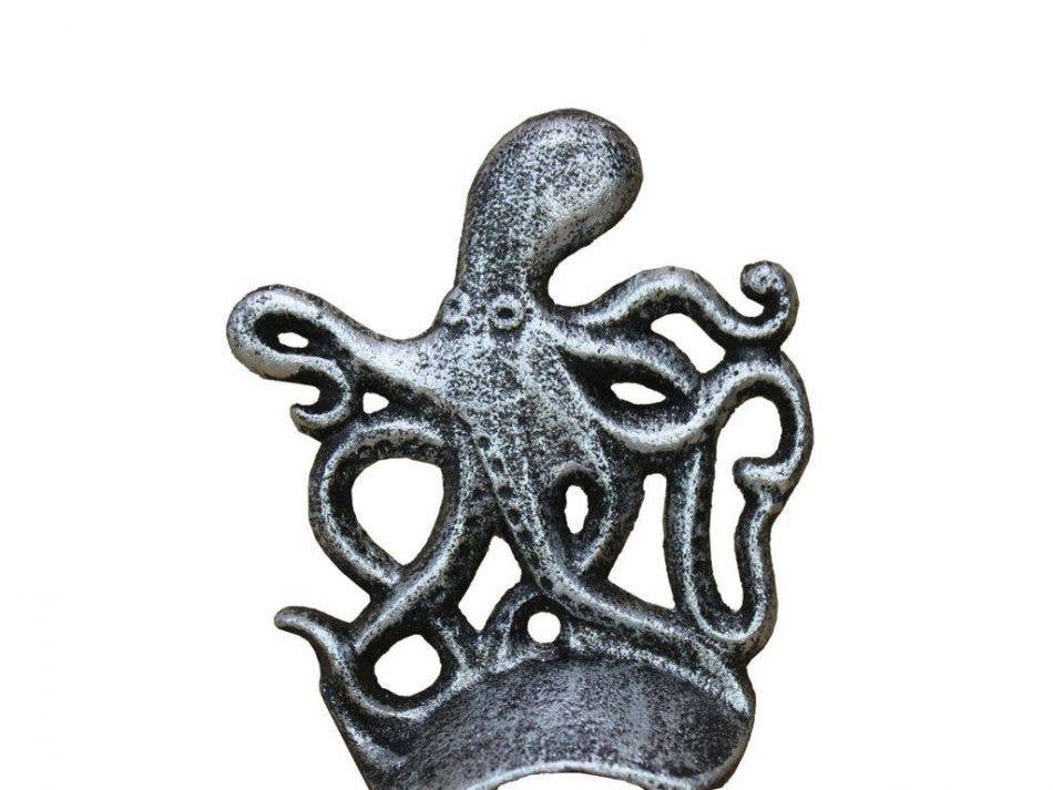 Antique Silver Cast Iron Wall Mounted Octopus Bottle Opener 6"