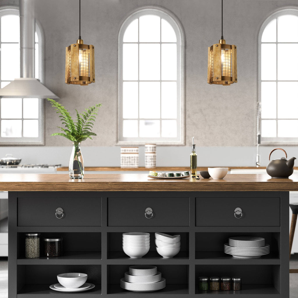 5"W Brushed Gold Metal Pendant Light with Wood Shade