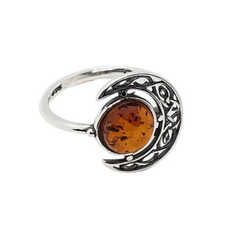 Celtic Cognac Amber Sterling Silver Moon Ring: 8