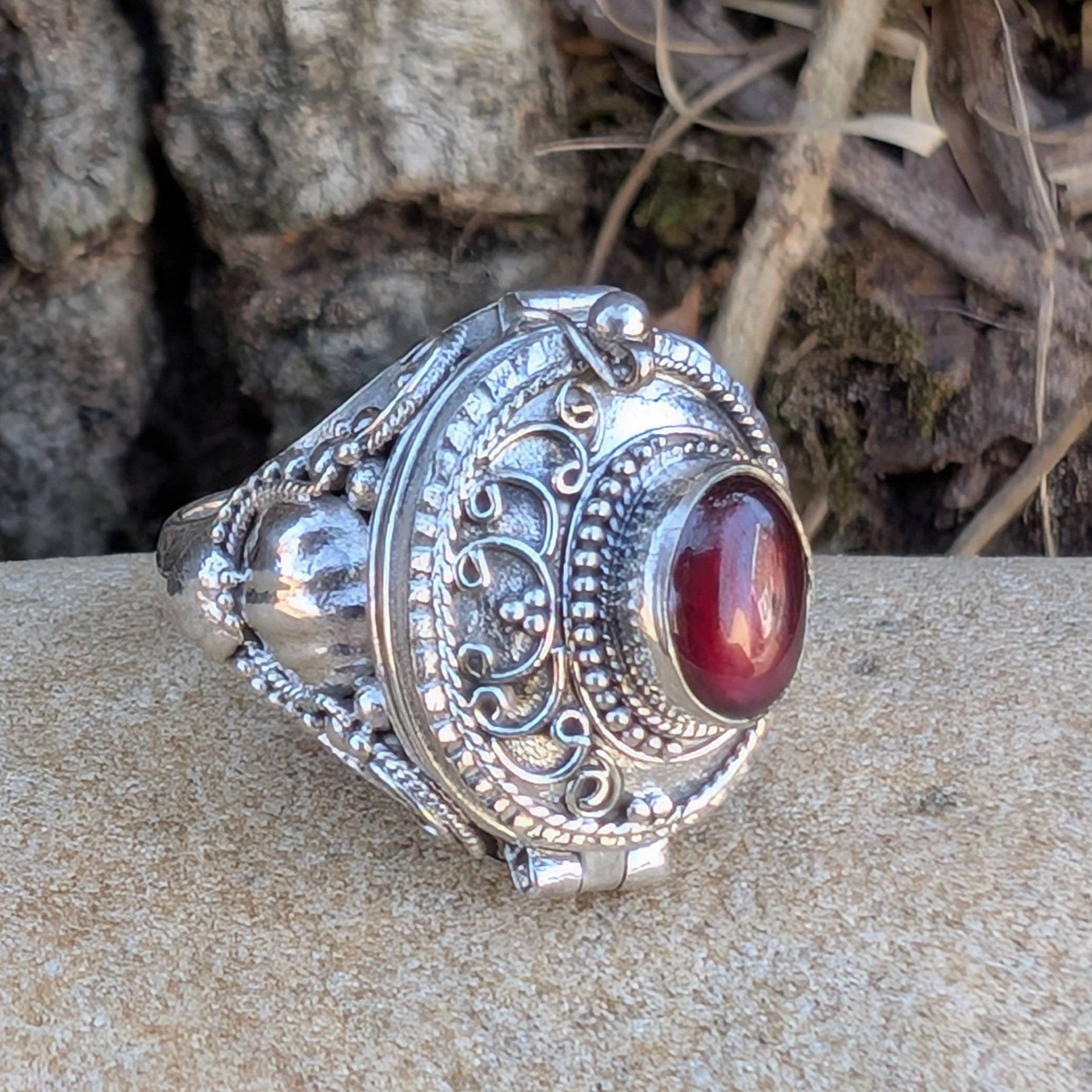 Medieval Eye - Gemstone Poison Box Locket Ring in Sterling Silver: Tiger Eye / 7