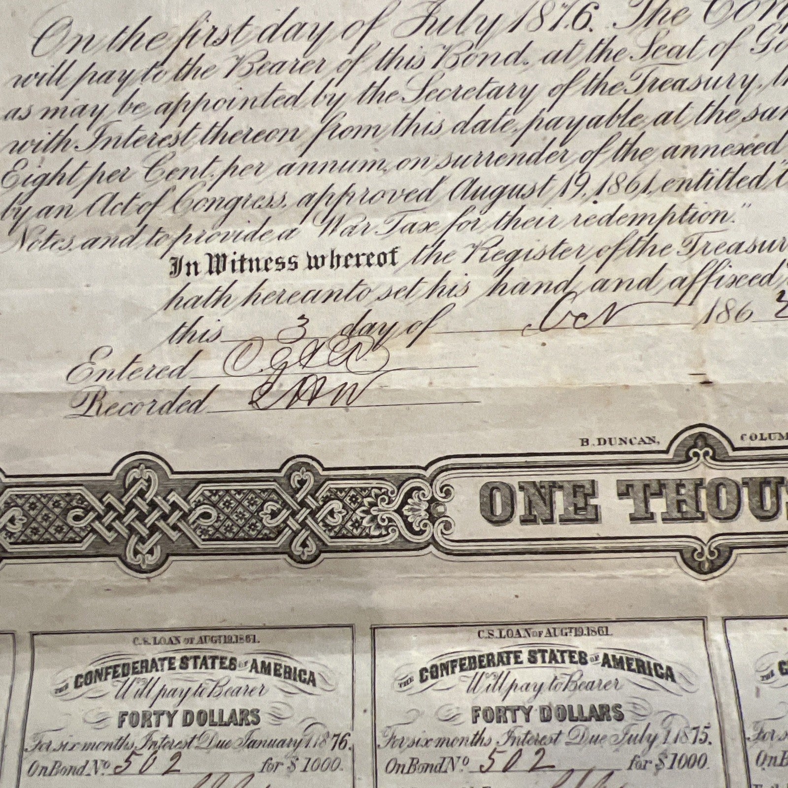Confederate States Of America $1,000 Bond