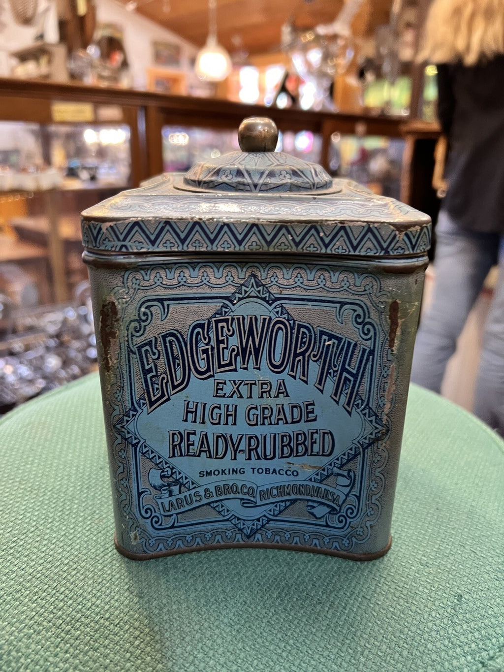 Rare 1910s "Edgeworth" litho hinged knob top humidor tobacco tin, very good cond