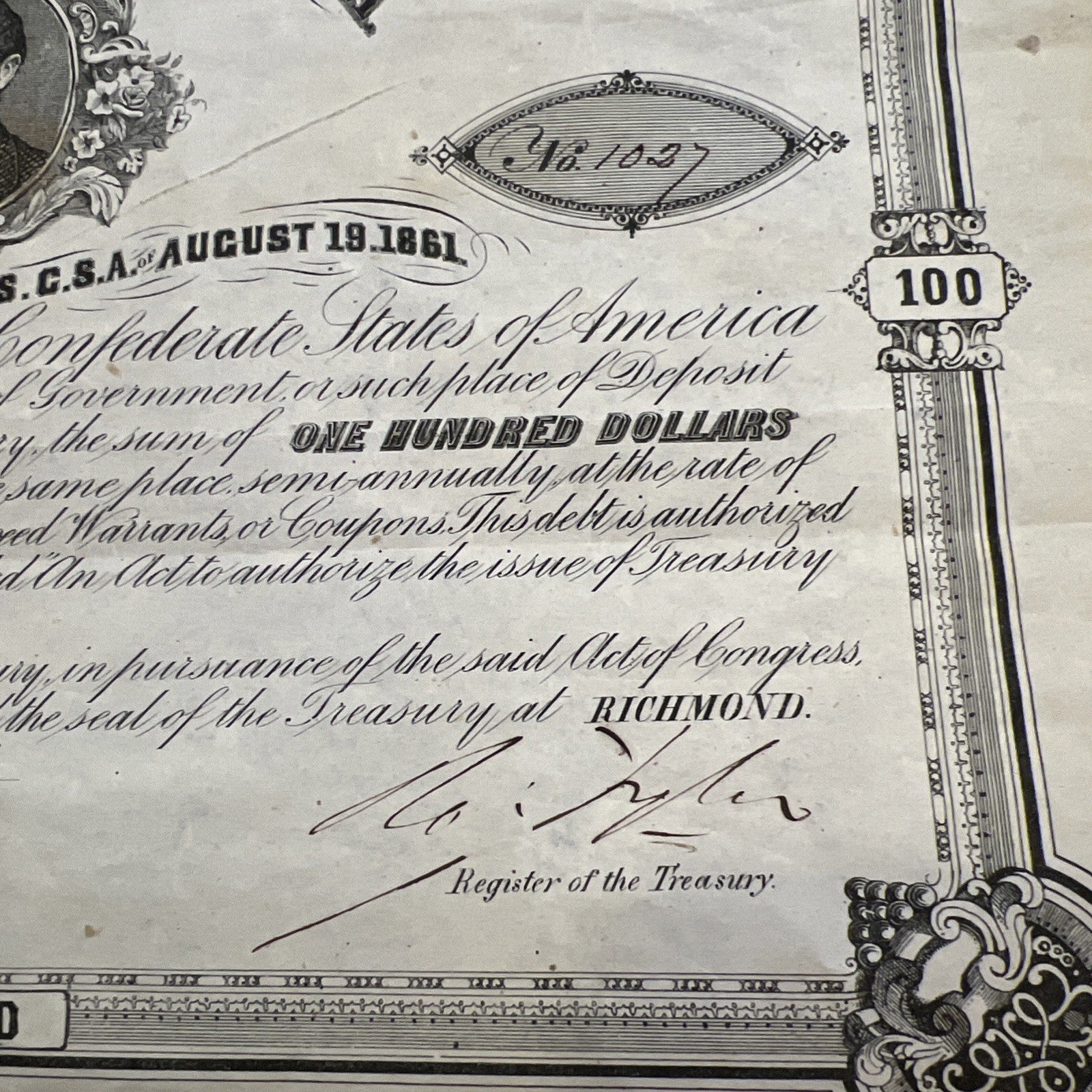 Confederate States Of America $100 