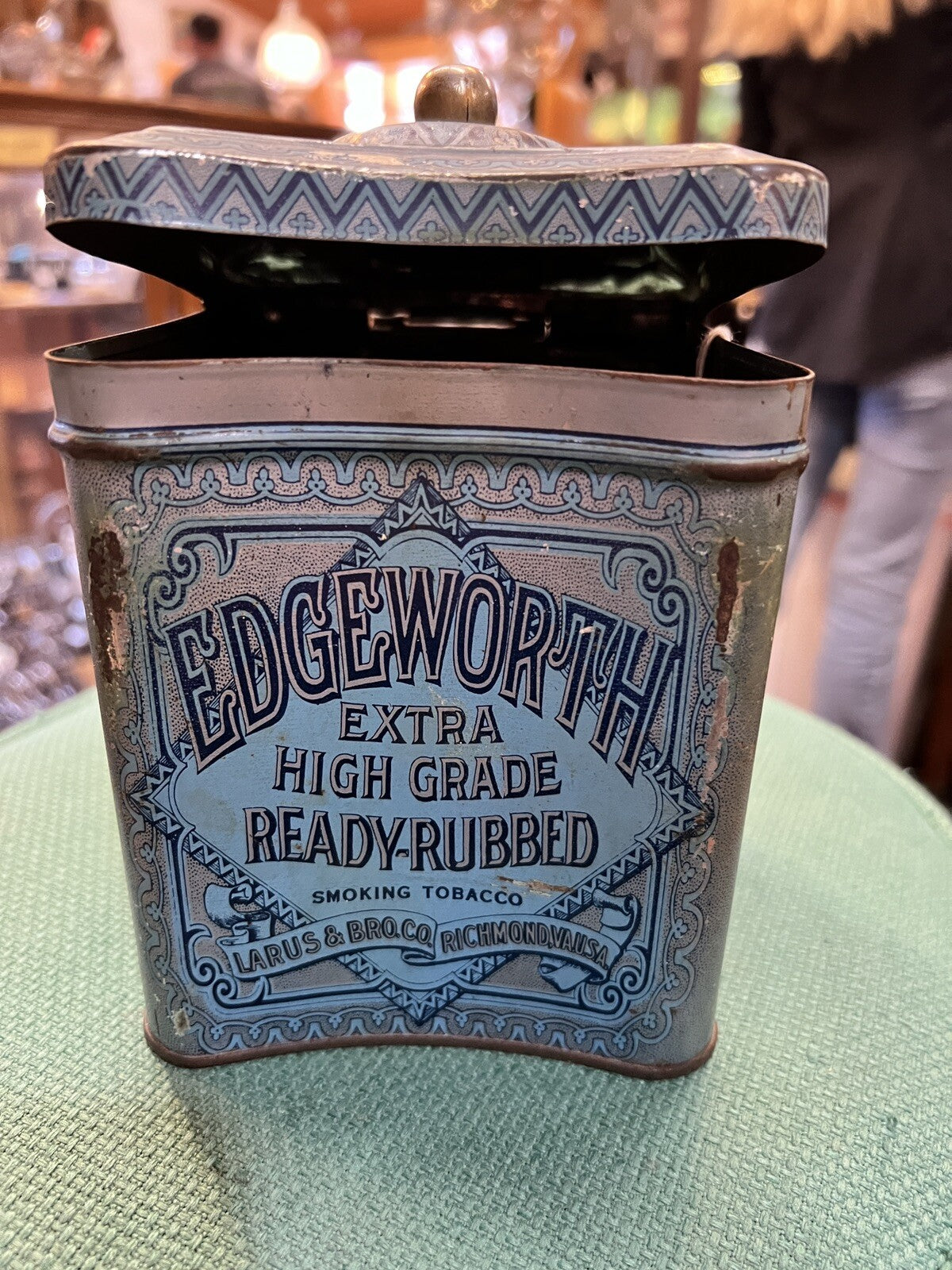 Rare 1910s "Edgeworth" litho hinged knob top humidor tobacco tin, very good cond