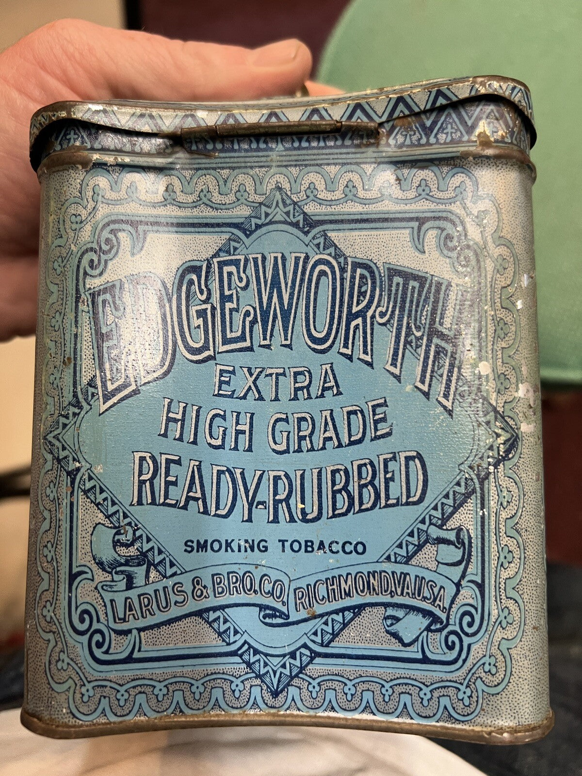 Rare 1910s "Edgeworth" litho hinged knob top humidor tobacco tin, very good cond