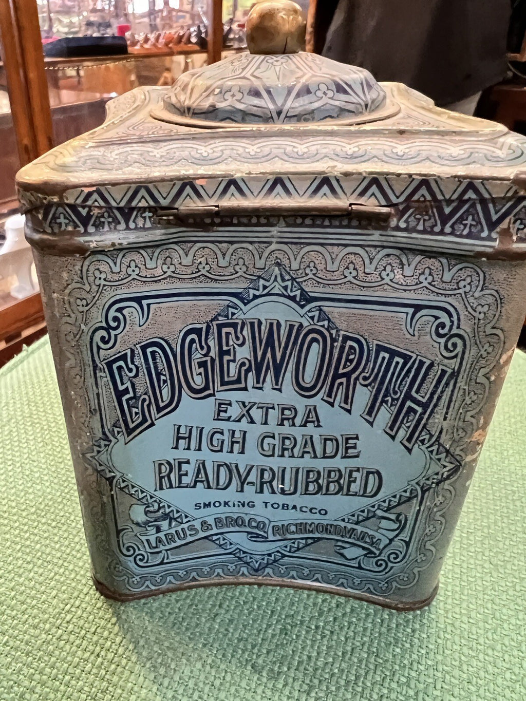 Rare 1910s "Edgeworth" litho hinged knob top humidor tobacco tin, very good cond