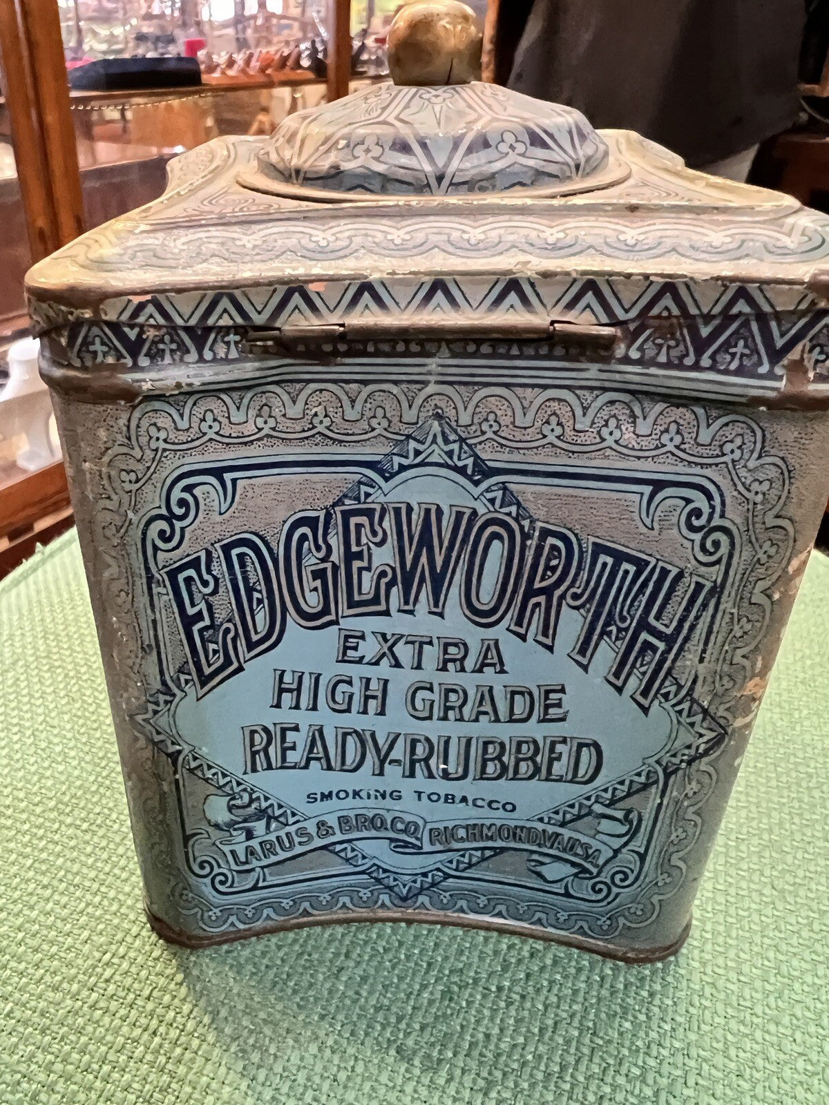 Rare 1910s "Edgeworth" litho hinged knob top humidor tobacco tin, very good cond