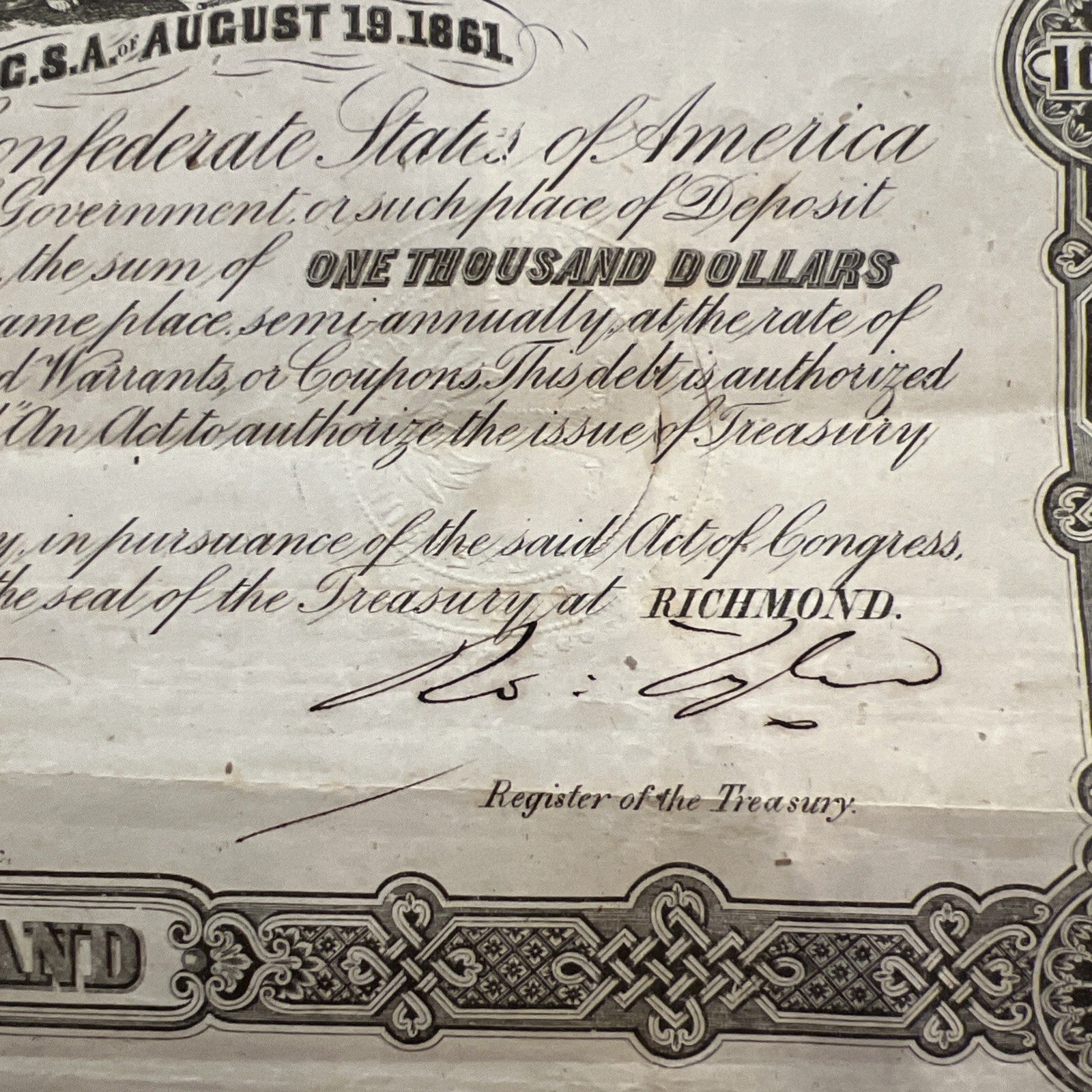 Confederate States Of America $1,000 Bond