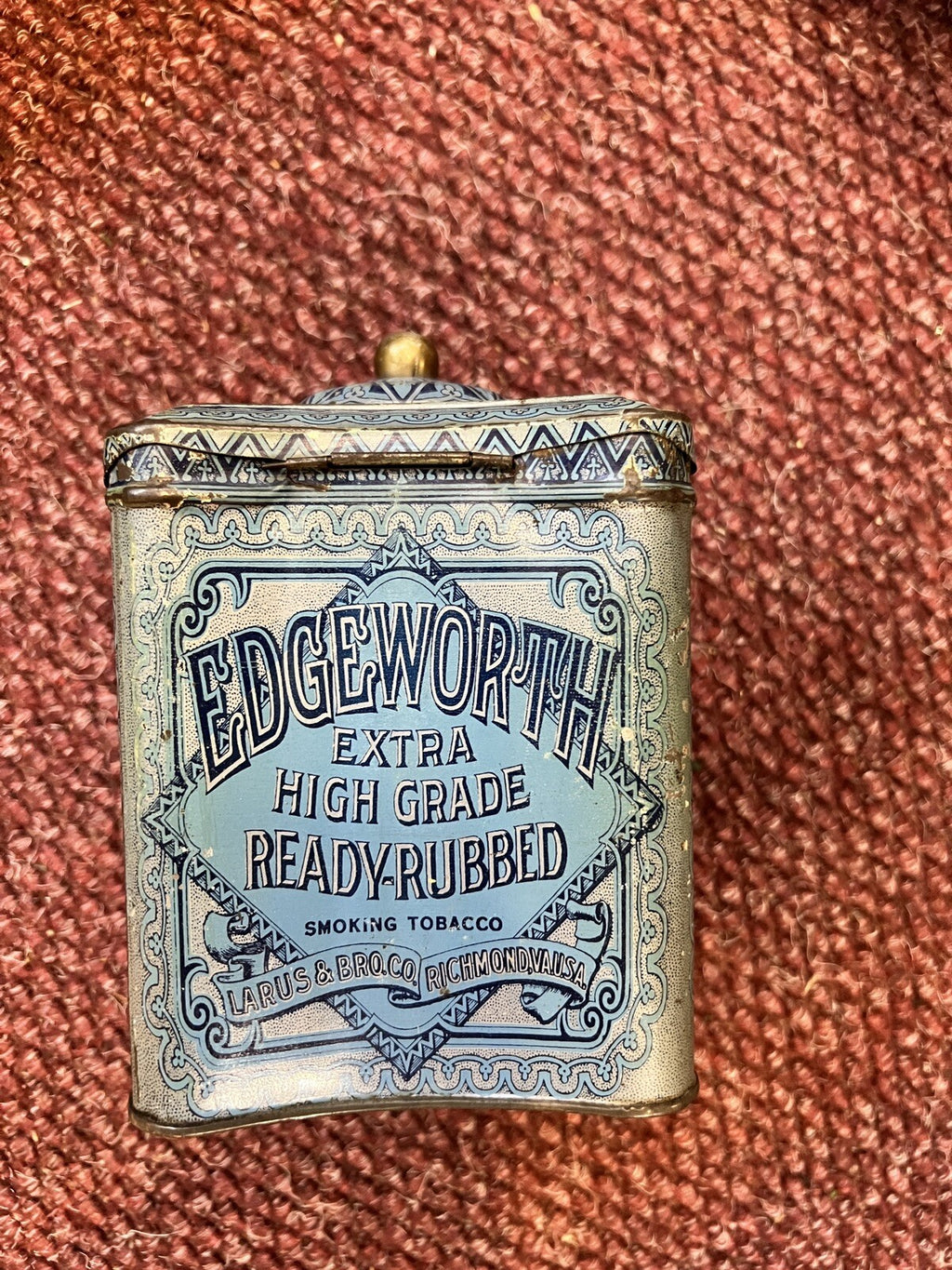 Rare 1910s "Edgeworth" litho hinged knob top humidor tobacco tin, very good cond