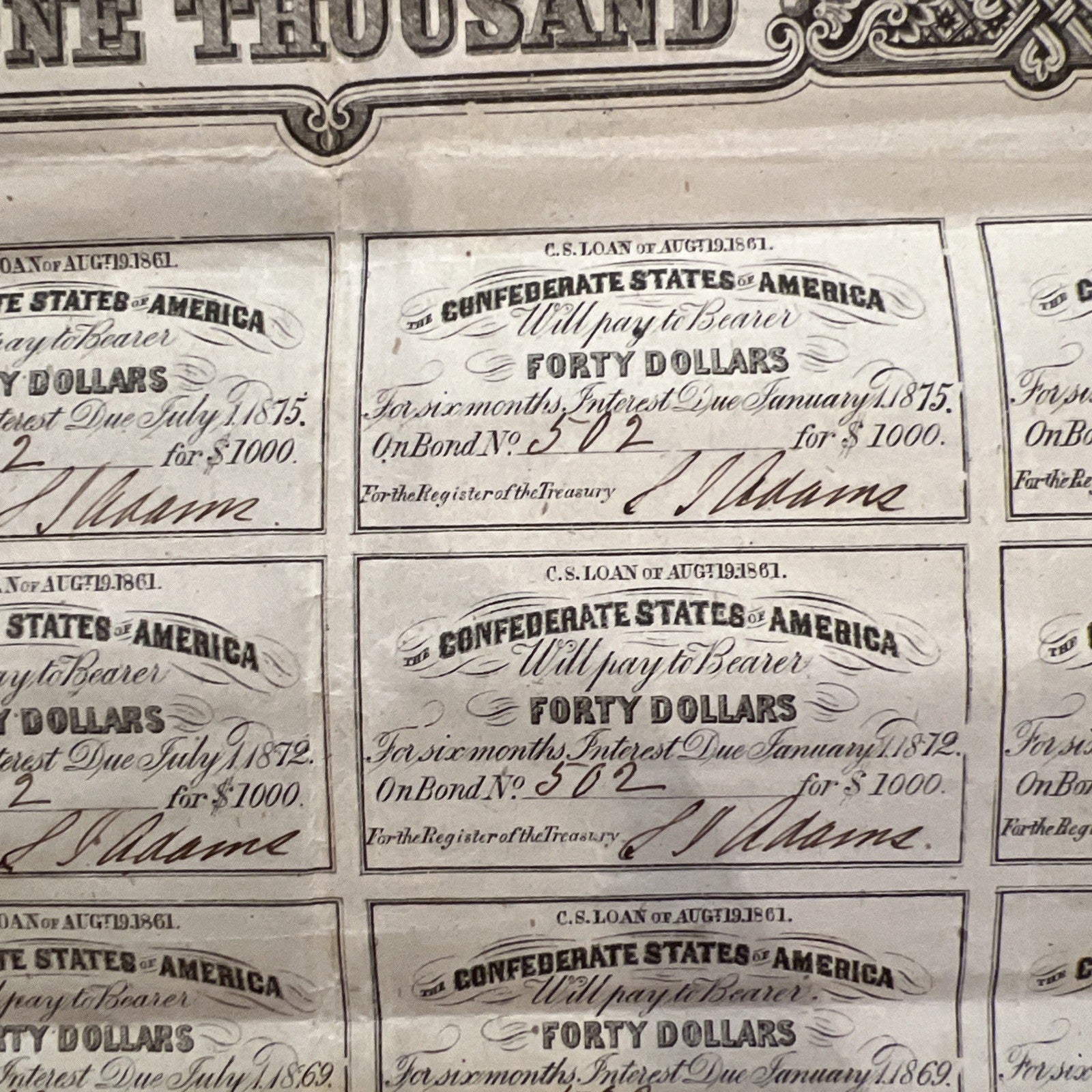 Confederate States Of America $1,000 Bond