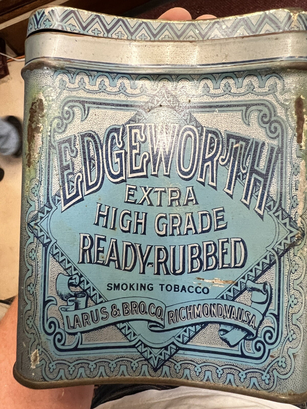 Rare 1910s "Edgeworth" litho hinged knob top humidor tobacco tin, very good cond